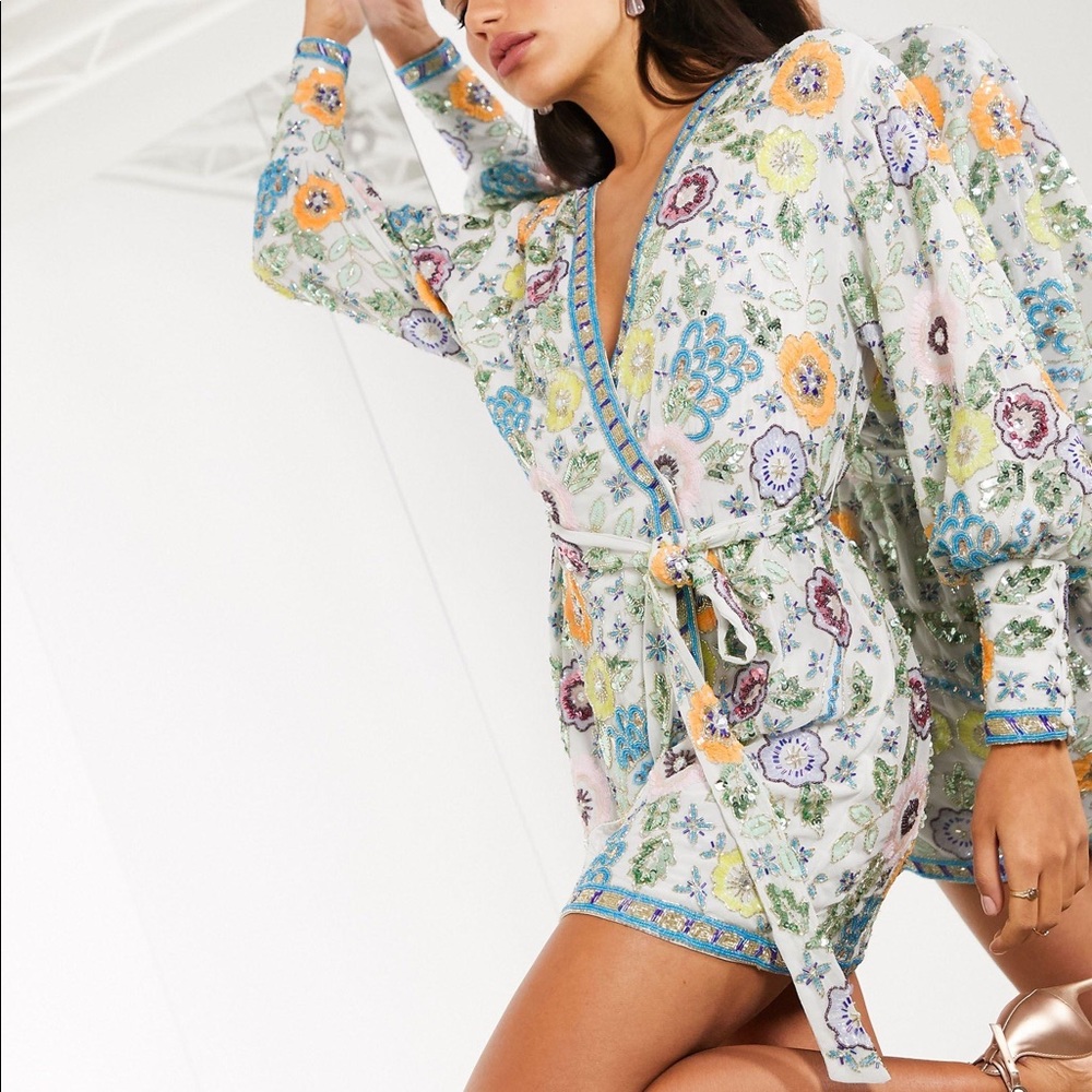 ASOS White Floral Embroidered Mini Dress with Multicolor Flowers